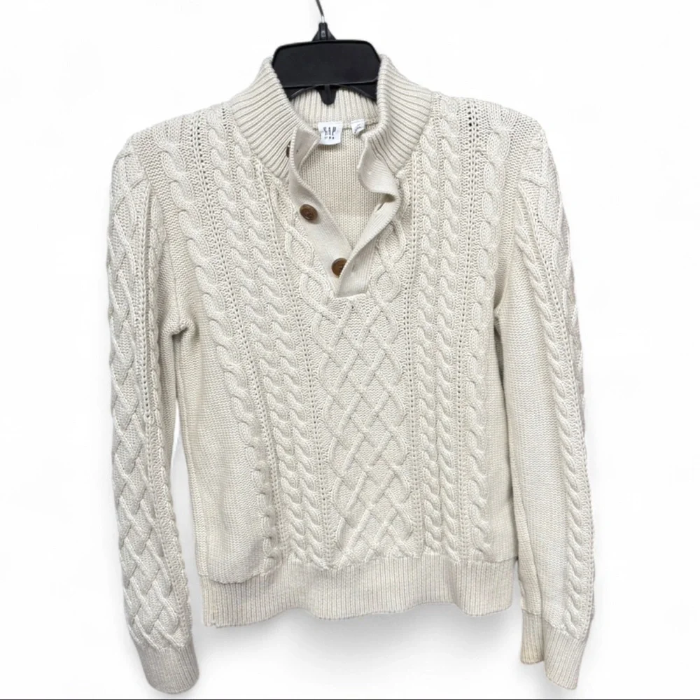 GAP Kids Organic Cotton Button Mock Neck Cable Knit Sweater